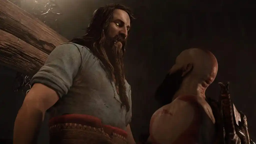 God of war tyr Two Rugged Men Face Each Other in a Dimly Lit Scene One Has Long Hair and a Beard in a Gray Tunic with a Red Belt the Other is Bald with a Beard and Carries a Weapon on His Back