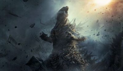 Giant Godzilla-like monster roars amid flying debris and smoky destruction.