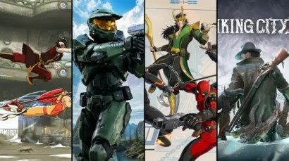 Four-panel collage of action game characters: a martial artist in red kicking in a ruined arena; a green armored soldier aiming his rifle; a Loki-like hero with a spear fighting Deadpool; a trench-coat hunter with a rifle in a snowy scene.