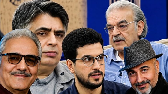 Group of five men posing closely for a selfie, smiling and looking at the camera.