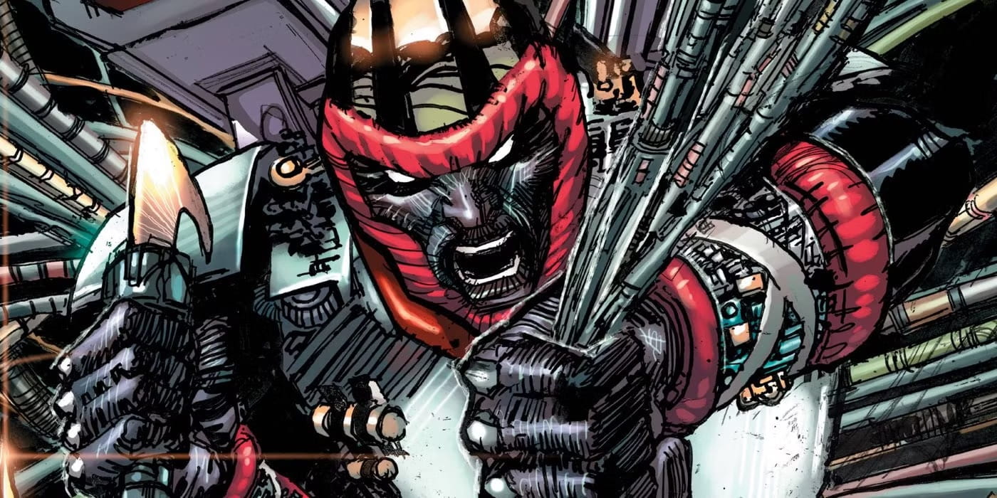 a Red horned Armored Villain Lunges Forward in a Chaotic Sci fi Metal Corridor Filled with Pipes and Cables