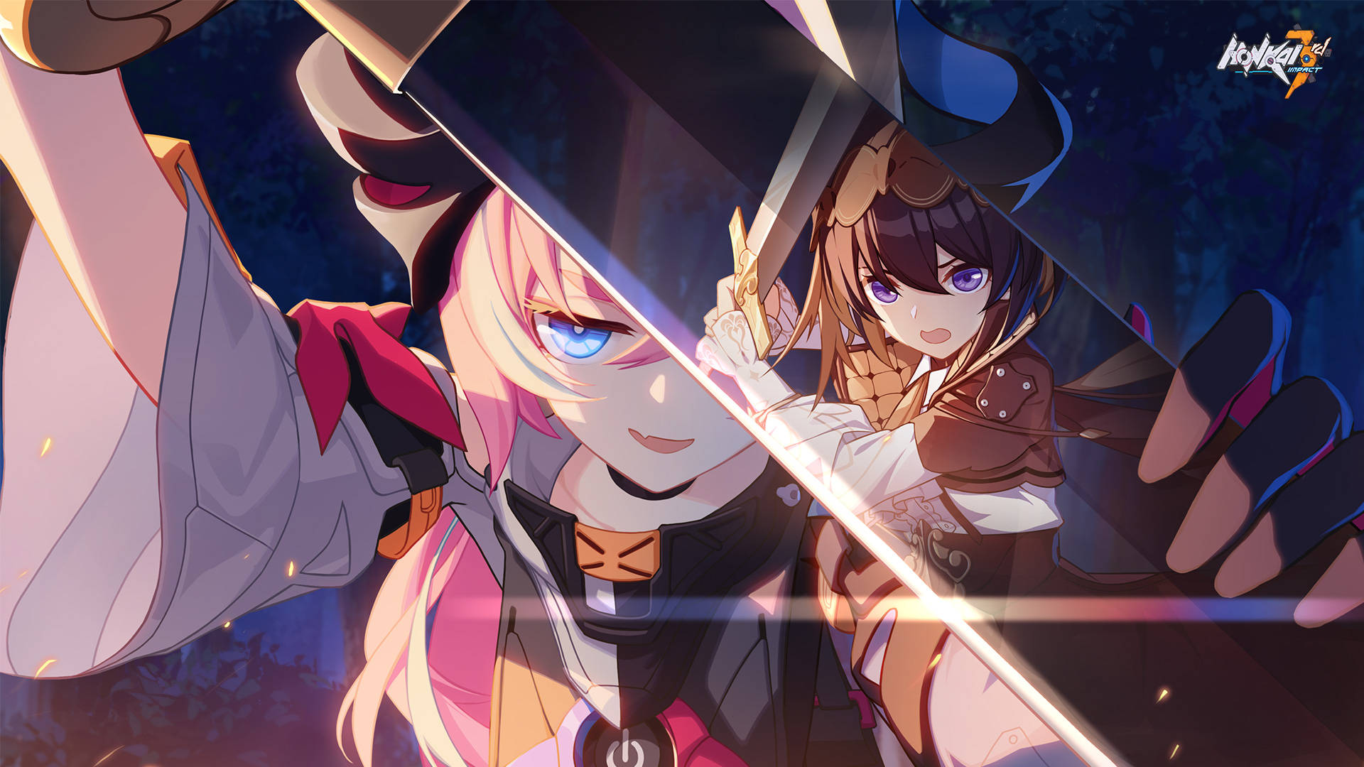 Two Anime Fighters Clash with Glowing Swords in a Dark Forest Pink haired Character Faces off Against a Brown haired Ally Dramatic Motion