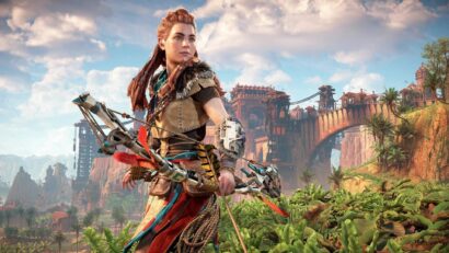 Female archer in tribal attire with a bow drawn, standing amid lush jungle and distant red stone fortifications.