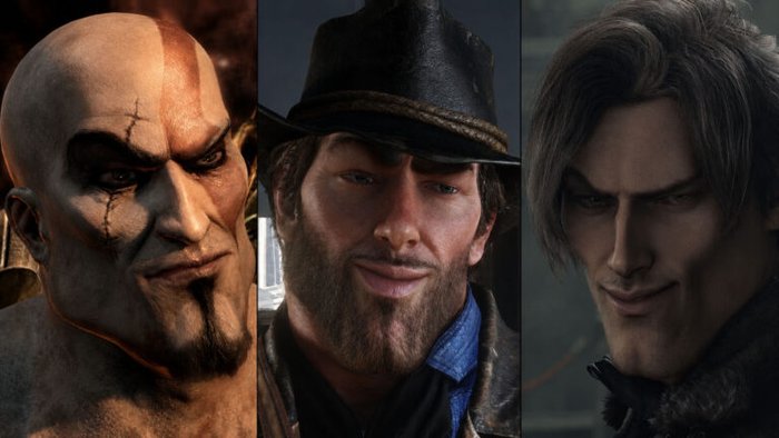Triptych of three rugged male characters: a bald, scarred warrior on the left, a bearded adventurer in a fedora at center, and a smirking, dark-haired man on the right.