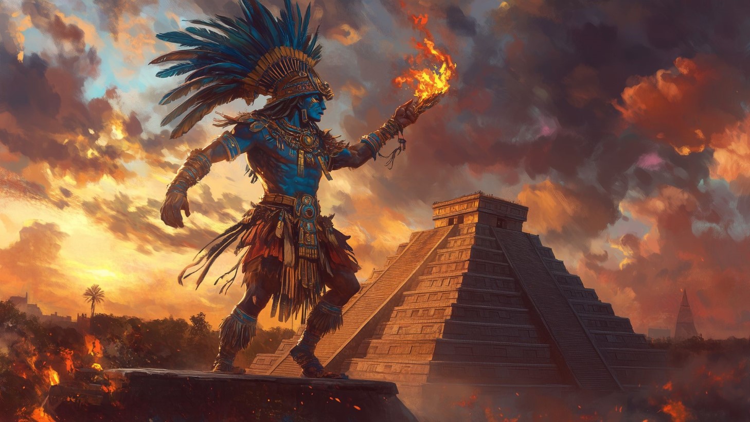 Huitzilopochtli featured image Blue skinned Warrior with a Feathered Headdress Raises a Flaming Torch Before a Stepped Temple at Sunset
