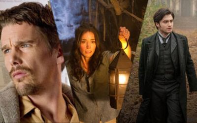 Collage of three adults: a man in a tan jacket on the left, a woman holding a lit lantern in the center, and a man in a dark suit walking in a forest on the right.