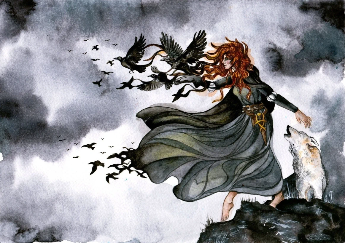 Il fullxfull5248104395 8oxg a Red haired Woman in a Flowing Gray Dress Stands on a Rocky Cliff Releasing a Flock of Black Birds into a Stormy Sky While a White Wolf Sits Beside Her and Looks Up
