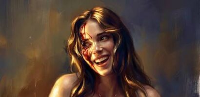 Painterly portrait of a smiling woman with blood on her cheek and forehead, warm lighting.