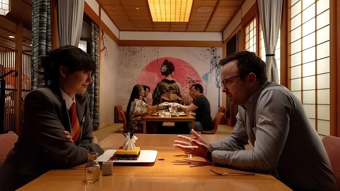 a Man and a Woman in Business Attire Sit Across from Each Other at a Wooden Restaurant Table Gesturing As They Talk with a Dessert and Water on the Table and Other Diners in the Background of a Japanese style Room