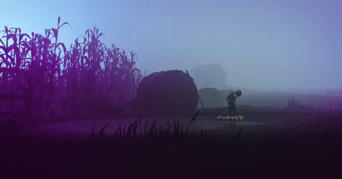 Inside hero001487749859 Silhouetted Farmer Harvesting Corn Near a Thatched Hut in a Rainy Purple tinted Field