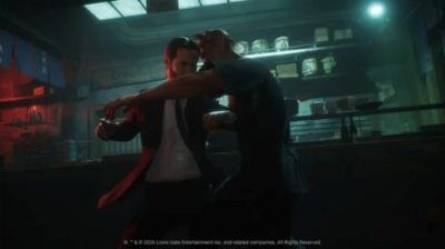Two men engage in a close-range fight behind a dimly lit bar, red and blue neon lights casting dramatic shadows.