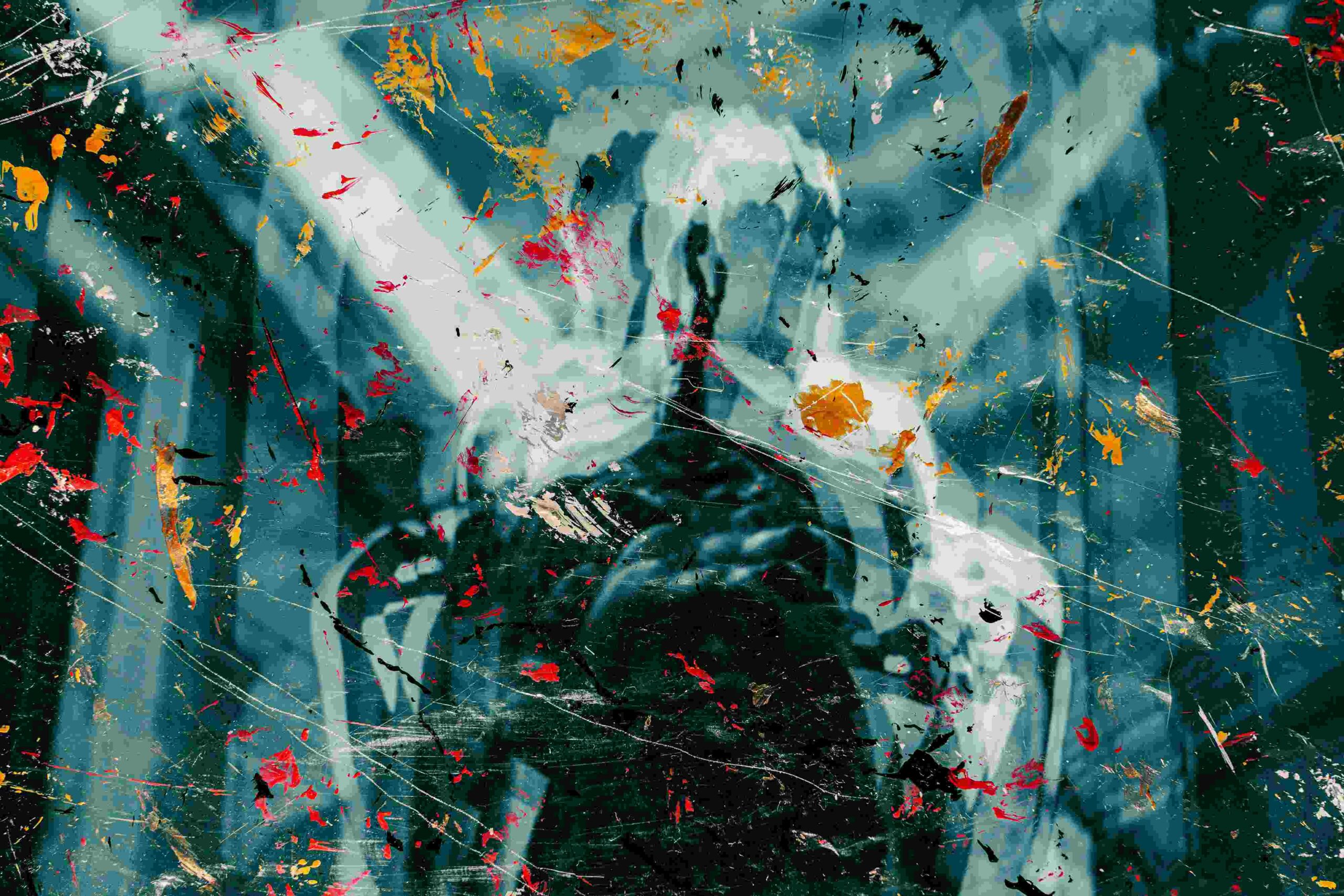 Jr korpa zlwugct d3g unsplash 1 Abstract Teal Blue and Black Painting with Vivid Orange Red and White Paint Splatters and Scratches Across the Canvas