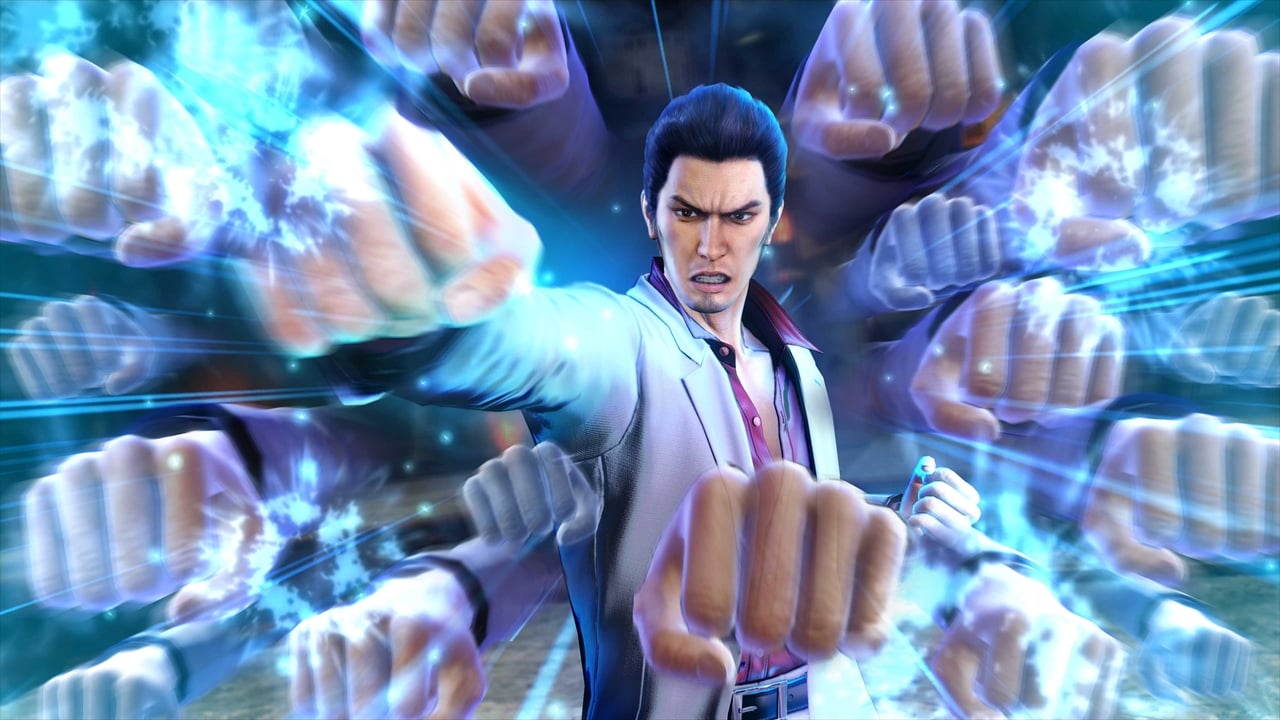 Kazuma Kiryu Hokuto ga gotoku Male Fighter in a White Jacket Thrusts His Fist Forward Surrounded by Glowing Blue Fists and Energy Blasts