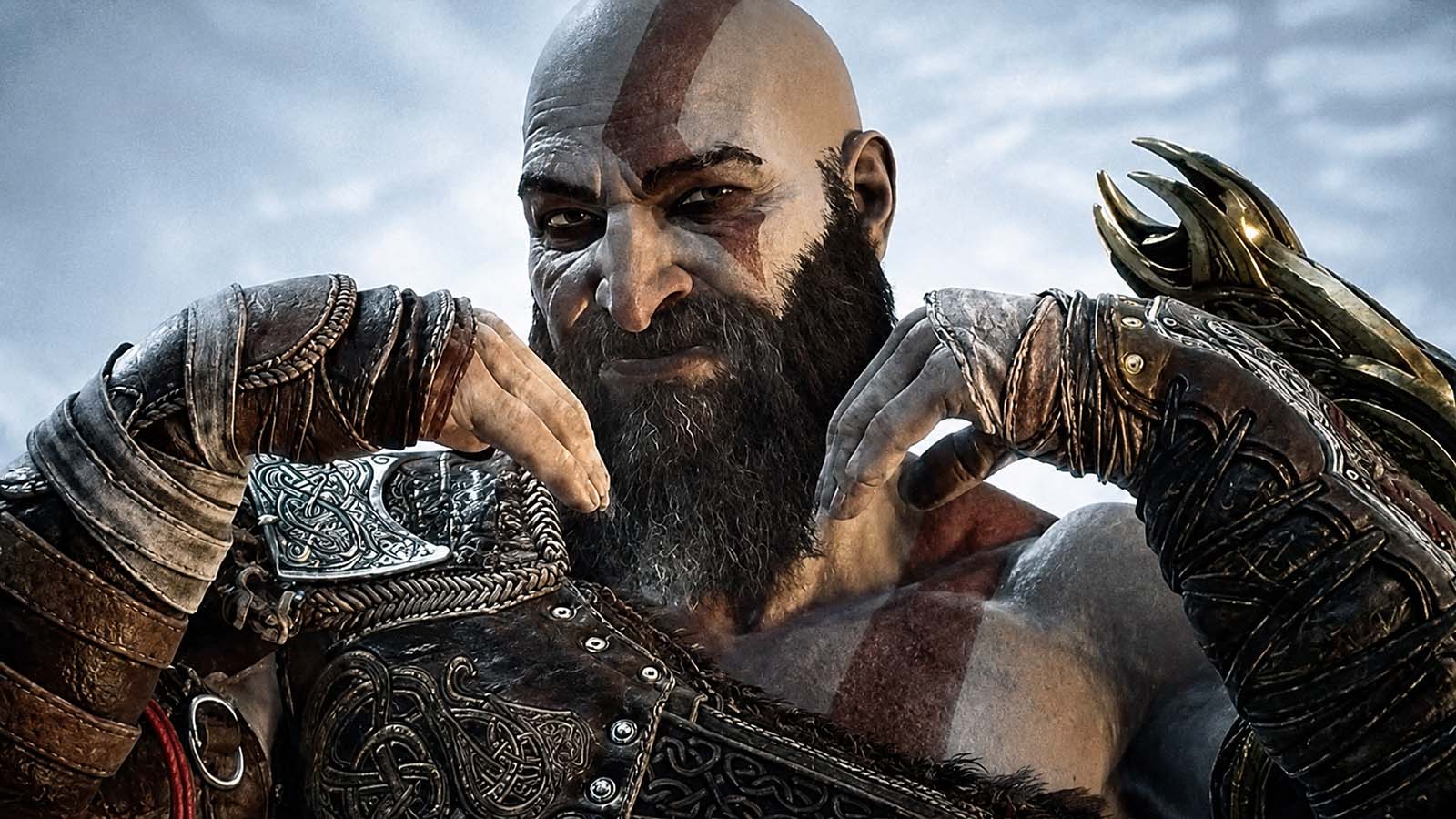 Kratos Smiling Kratos from God of War Wearing Ornate Leather Armor Fists Raised in a Battle ready Pose