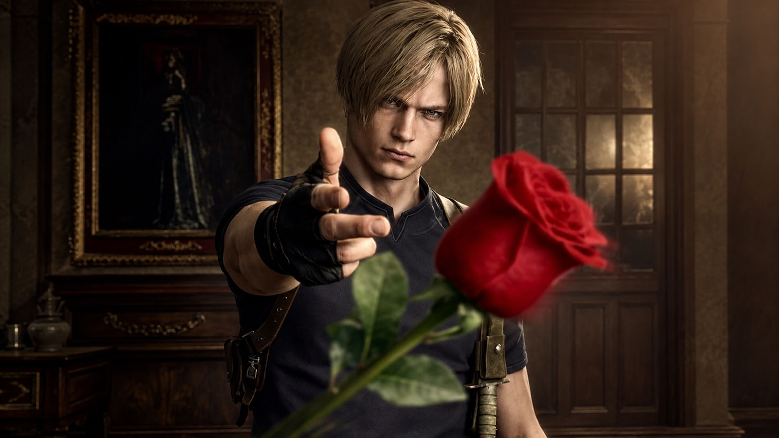 Leon Kennedy Flower Young Man with Blond Hair in a Dark Outfit Extends a Rose Toward the Viewer in a Dim Ornate Room Creating a Romantic or Dramatic Moment