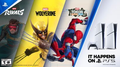 Promotional banner featuring Marvel games (Rivals, Wolverine, Spider-Man) and a PS5 with 'It Happens on PS5'.