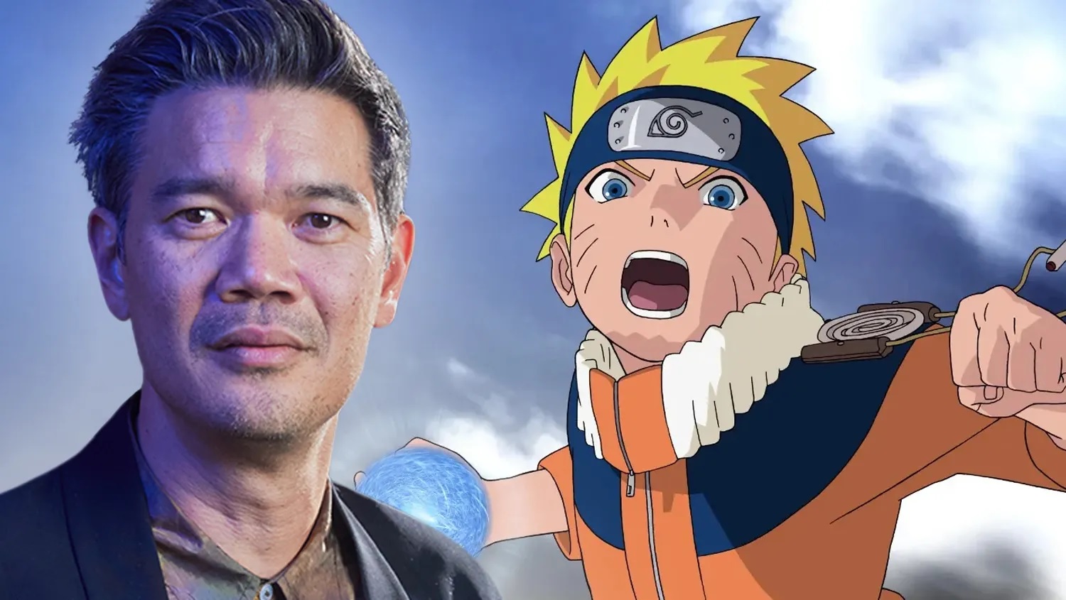 Naruto Destin Daniel Cretton Directing Live action Film for Lionsgate Real Man in a Dark Jacket Stands Beside Naruto from the Anime Both Facing the Camera with a Cloudy Blue Sky Behind Them composite Image