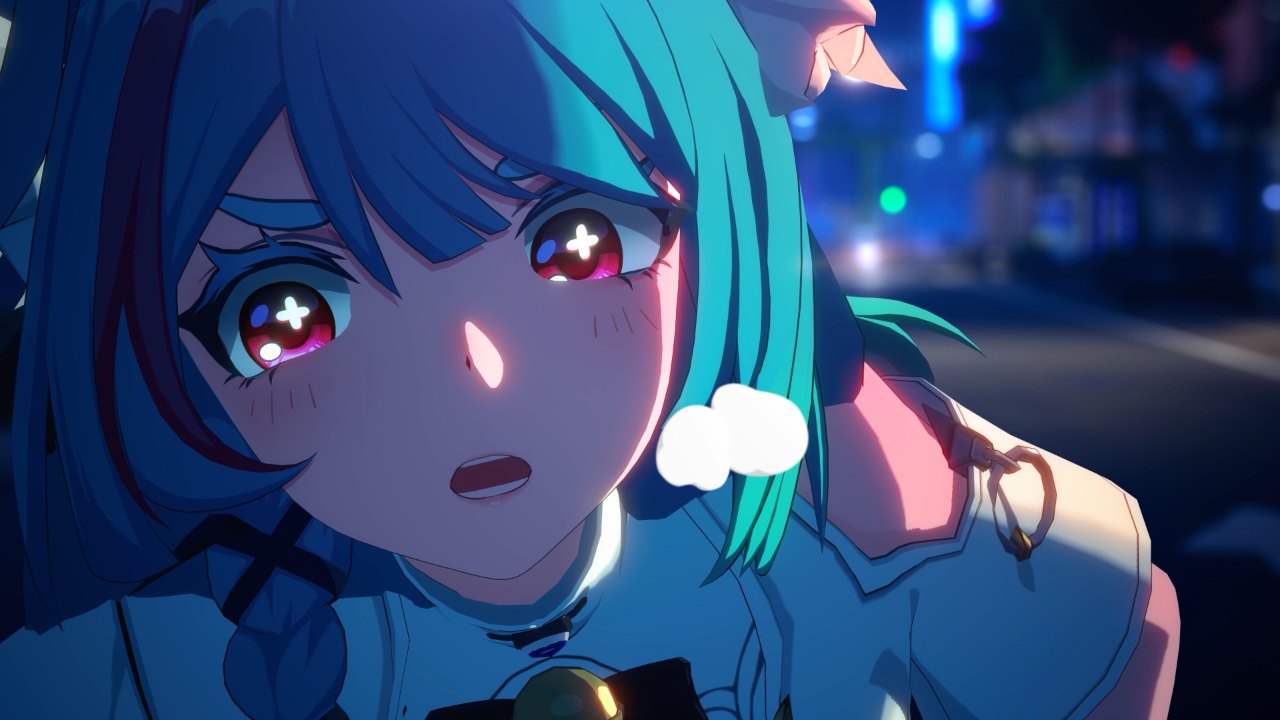 Close up of an Anime Girl with Teal Hair and Red Eyes Looking Distressed As She Exhales a Breath in a Nighttime City Street Scene