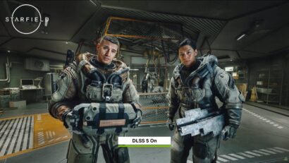 Two astronauts in bulky futuristic suits stand in a dim sci‑fi lab, one holding a rectangular case and the other a heavy tool; Starfield logo top left and a DLSS 5 On banner at the bottom.