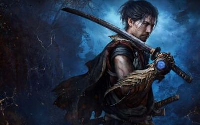 Fantasy swordsman in a tattered cloak wields a large blade with a blue magical gem, set in a dark blue forest backdrop.