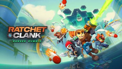 Promotional game cover for Ratchet & Clank: Ranger Rumble showing Ratchet and friends charging forward with futuristic weapons and gadgets.