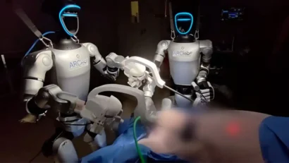 Three ARClab robotic surgeons with glowing blue outlines assist a surgical procedure around a blurred patient area.