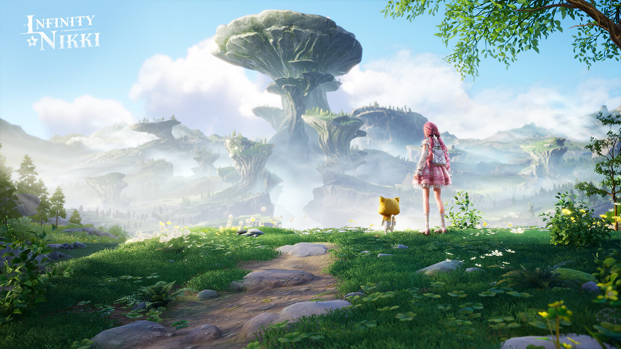 Pink dressed Girl with a Small Yellow Cat like Companion Stands on a Grassy Path Facing Towering Fantasy Rock Formations Under a Bright Blue Sky