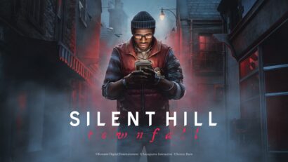 Poster for Silent Hill townfall: man in hoodie and beanie looking at a handheld device in a foggy, neon-lit alley.
