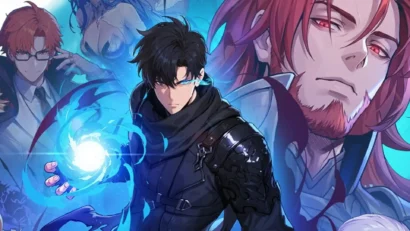 Center-stage black-haired fighter in dark clothing casts a bright blue spell, with two other anime-style figures in a vibrant blue world behind him.