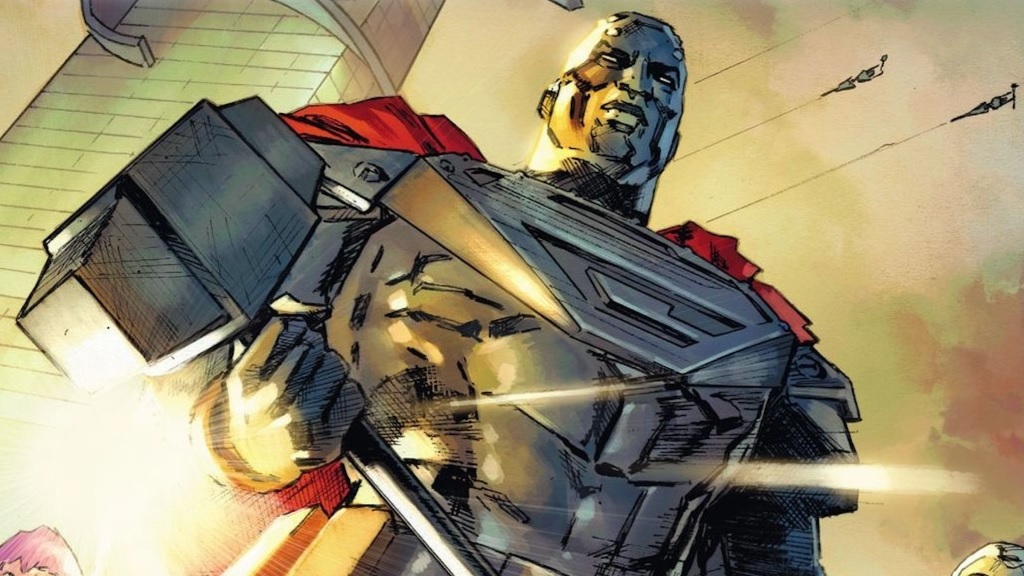 Stylized Comic book Image of a Muscular Armored Superhero with a Large Hammer like Weapon Viewed from a Low Angle