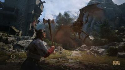 Armored warrior in chainmail raises a battle-axe to confront a large spider-like mechanical monster in a rocky mountain valley.