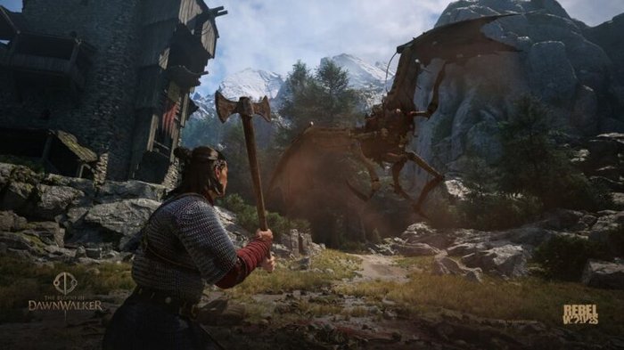 Armored warrior in chainmail raises a battle-axe to confront a large spider-like mechanical monster in a rocky mountain valley.