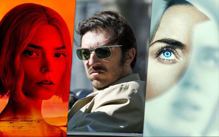 Triptych collage: red-tinted portrait of a woman left, man in sunglasses center, close-up blue eye on right.
