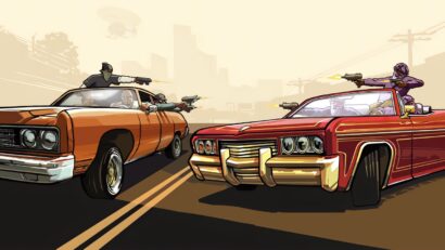 Animated car chase: two vintage cars speeding down a street, guns firing from the windows as armed riders shoot from both cars.