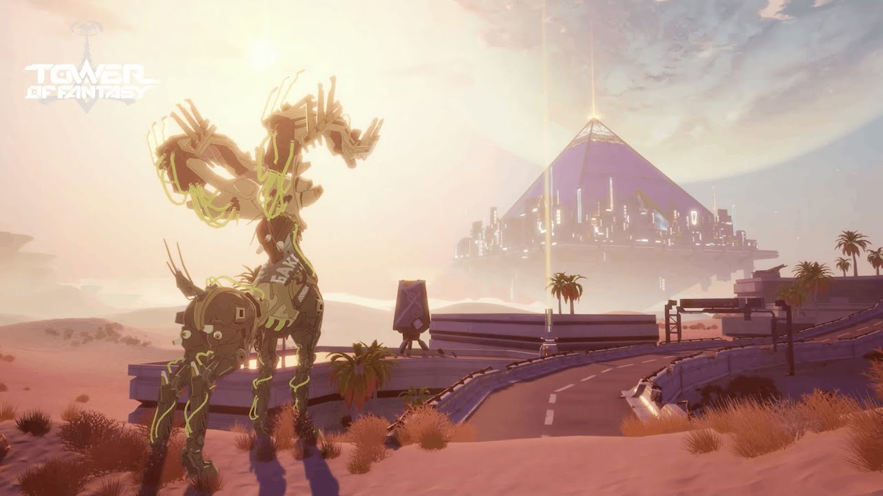a Neon lit Mecha Stands in a Desert Beside a Road with a Glowing Pyramid City in the Distance Under a Sunset Sky