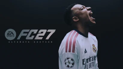 Athlete in a Real Madrid jersey shouting with head tilted back against a dark background; FC27 Ultimate Edition logo on the left.