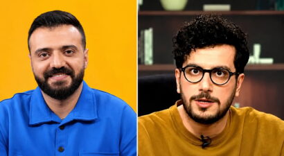 Split-screen image: left panel shows a bearded man in a bright blue shirt against a yellow background; right panel shows a man with glasses and a mustered sweater in an indoor setting.