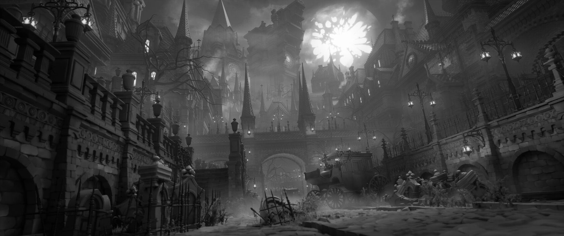 Widen 1840x0 Gothic City Street in Ruins with Towering Spires Arches and Foggy Foreground Under a Bright Cloudy Sun Lanterns Glow Along Walls