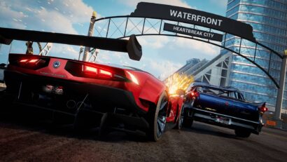 Red sports car collides with a blue car in a city street under a waterfront arch, sparks flying behind them.