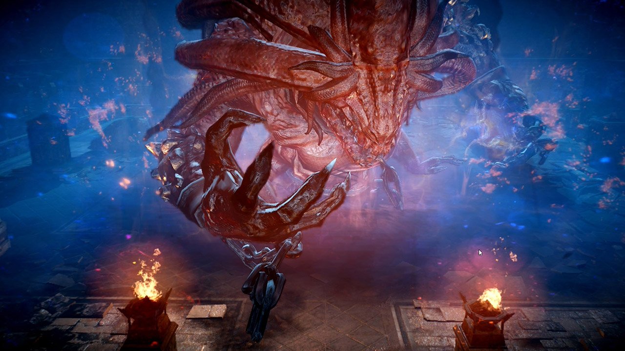 Player Character Faces a Colossal Red Dragon During a Dramatic Battle in a Fiery Blue lit Dungeon with Torches and Debris Around