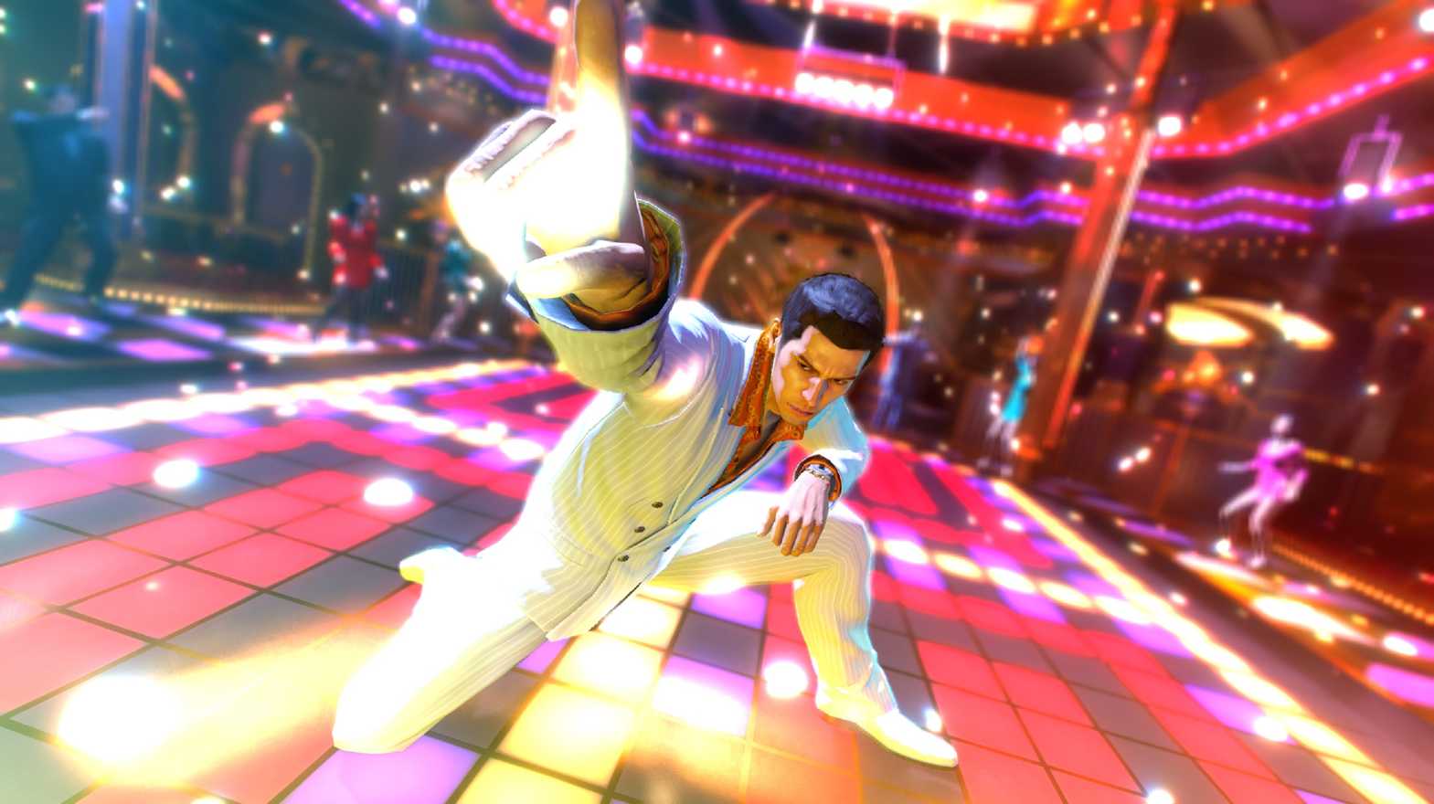 Yakuza 0 kazuma dance floor Man in a Cream Pinstripe Suit Performs a Dynamic Dance on a Neon lit Nightclub Floor with Colorful Tiles and Blurred Background Dancers