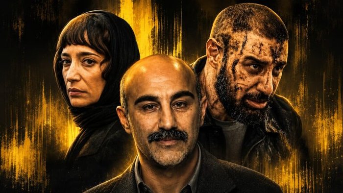 Three adults pose on a dark, yellow-accented poster: center man with a mustache, right man with dirt-smeared face, left woman in a black headscarf; dramatic lighting.