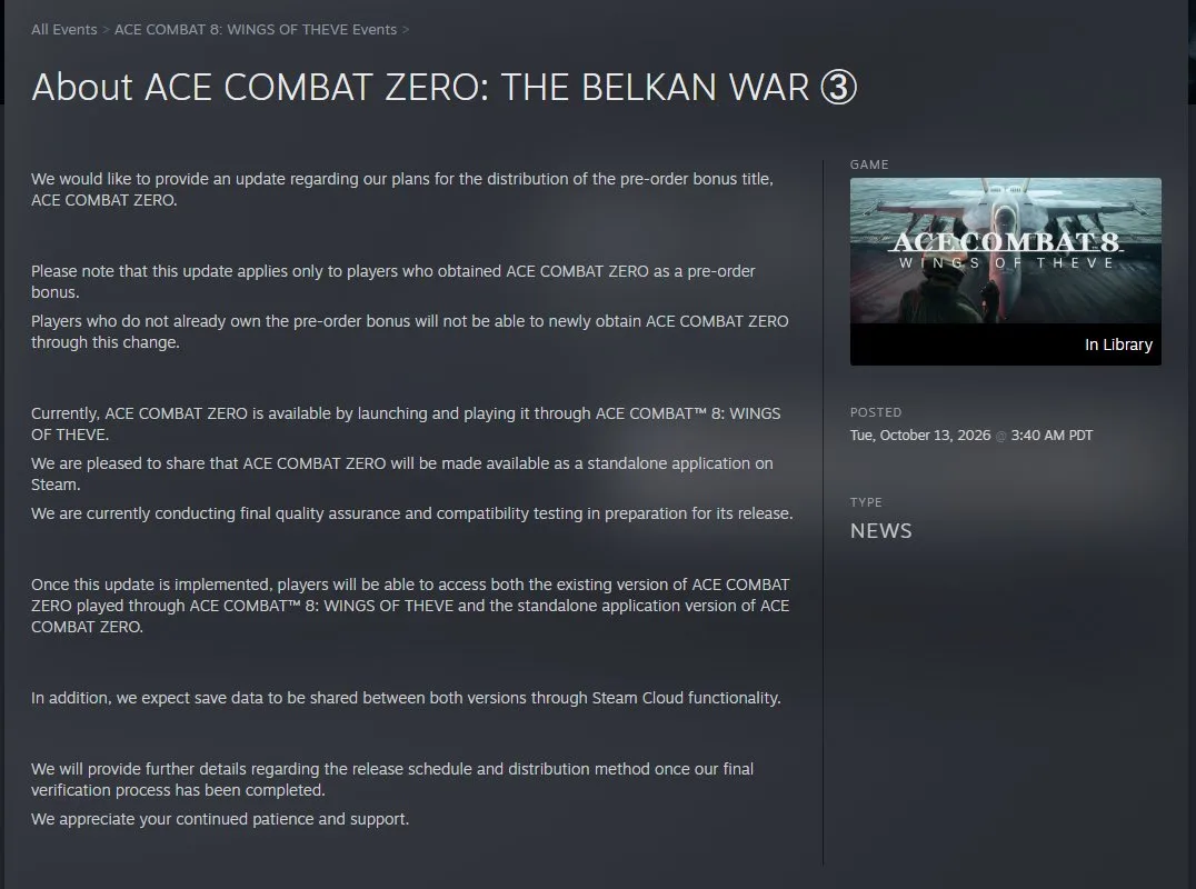 باندای نامکو نسخه استیم Ace Combat Zero را به یک بازی جدا تبدیل می‌کند