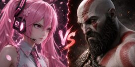 Pink-haired virtual idol character in a headset faces a battle-worn Kratos with red war-paint, split by a glowing VS symbol.