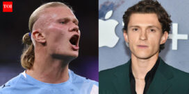 Split image: left a muscular athlete shouting during a game in a light blue jersey; right a man in a dark green suit at a red carpet event.