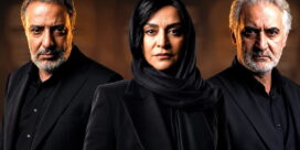 Three adults in black formal attire with stern expressions; center is a woman wearing a black hijab in a studio portrait.