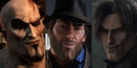 Triptych of three rugged male characters: a bald, scarred warrior on the left, a bearded adventurer in a fedora at center, and a smirking, dark-haired man on the right.