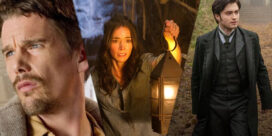 Collage of three adults: a man in a tan jacket on the left, a woman holding a lit lantern in the center, and a man in a dark suit walking in a forest on the right.