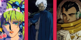 Three vertical anime panels on a pink background: left a colorful portrait of a girl with blond hair and green eyes, center a white-haired man in a blue cloak holding a sword, right a person in a space suit with a gold helmet and eyes closed.