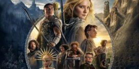 Epic fantasy poster: diverse group of heroes with weapons inside a circular rune frame against rugged mountains at sunset.